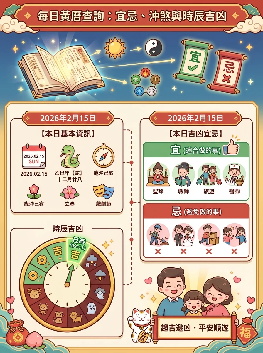 每日黃曆查詢：宜忌、沖煞與時辰吉凶